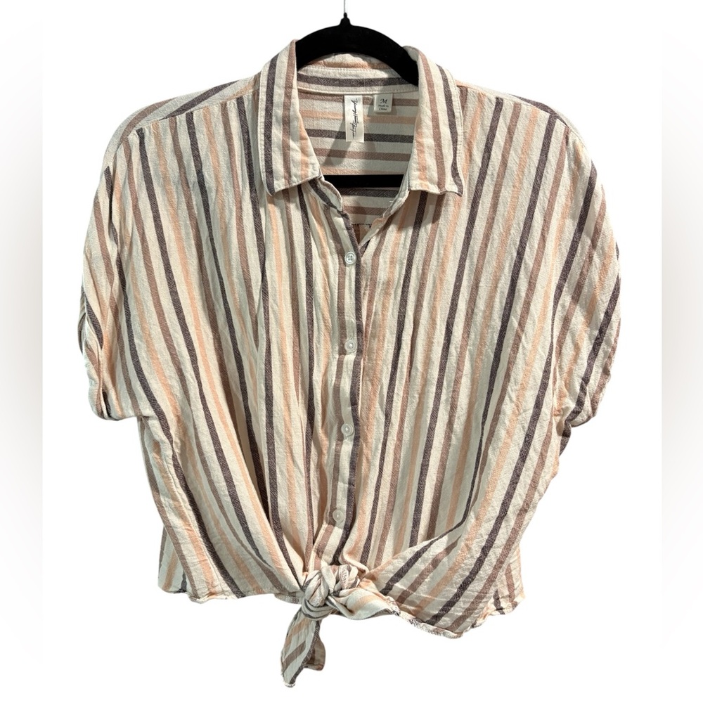 Young Hearts Run Free Striped Tie Front Button Down Shirt Medium Tan Brown Boho